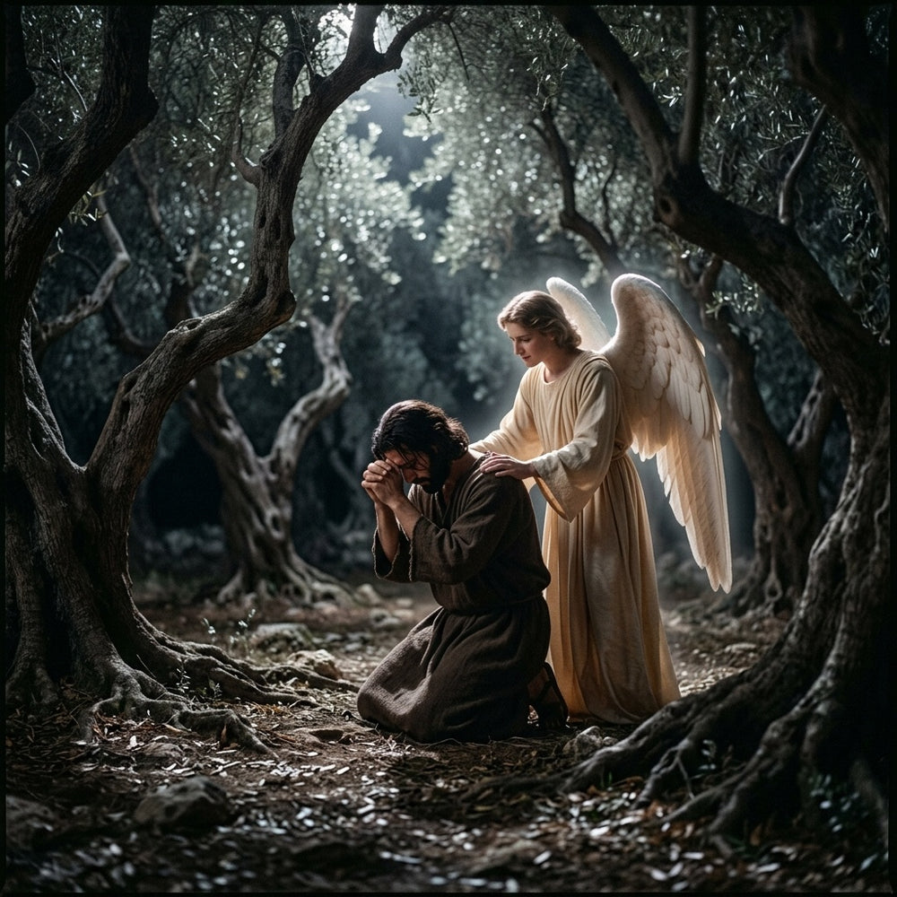 A man kneels in prayer in a dark olive grove as an angel comforts him.
