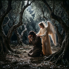 A man kneels in prayer in a dark olive grove as an angel comforts him.