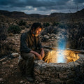 A man sits by an old stone well in a thorny field, his face illuminated by a bright light coming from within the well.