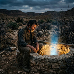 A man sits by an old stone well in a thorny field, his face illuminated by a bright light coming from within the well.