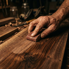 A carpenter's hand carefully sanding a wooden plank, smoothing its natural grain.