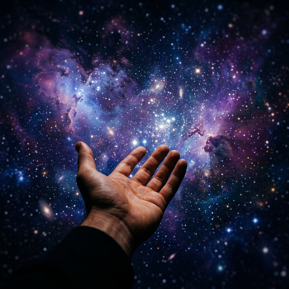 A human hand reaching out from the darkness against a backdrop of the star-filled cosmos.