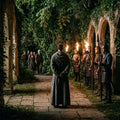 A man stands protectively between armed soldiers and his friends in a dark garden at night.