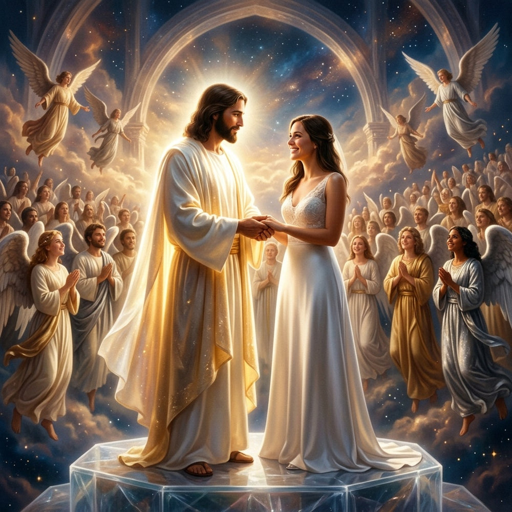 Jesus in radiant glory stands with his bride, surrounded by a celebratory host of holy angels.