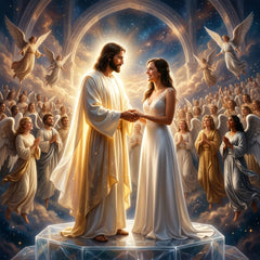 Jesus in radiant glory stands with his bride, surrounded by a celebratory host of holy angels.