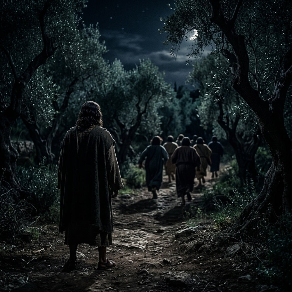 Jesus stands alone in the Garden of Gethsemane at night as his disciples flee into the darkness.