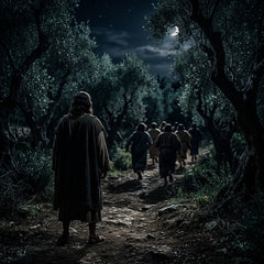 Jesus stands alone in the Garden of Gethsemane at night as his disciples flee into the darkness.