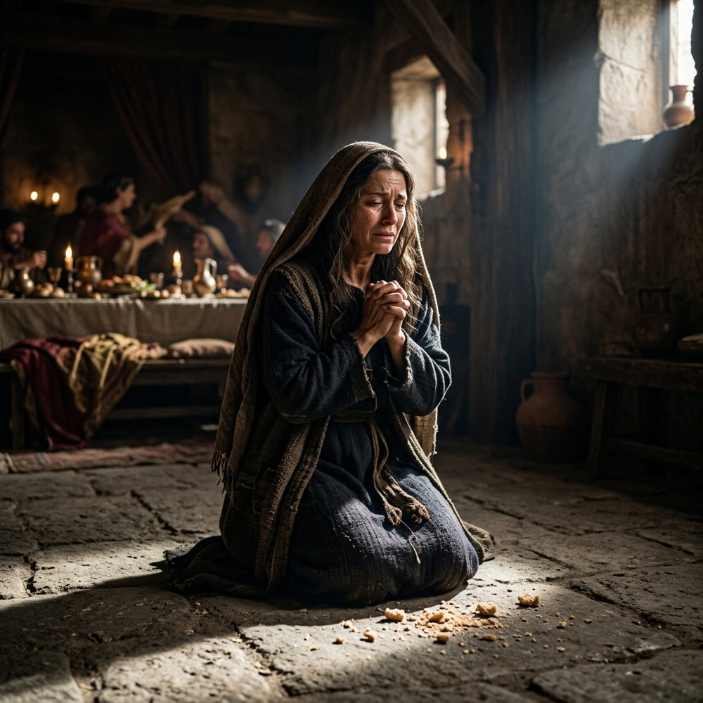 A woman kneels on a stone floor, reaching for crumbs of bread in a sliver of light.