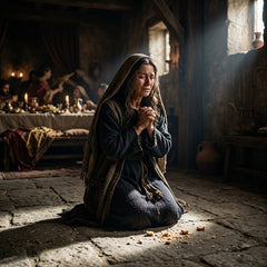 A woman kneels on a stone floor, reaching for crumbs of bread in a sliver of light.