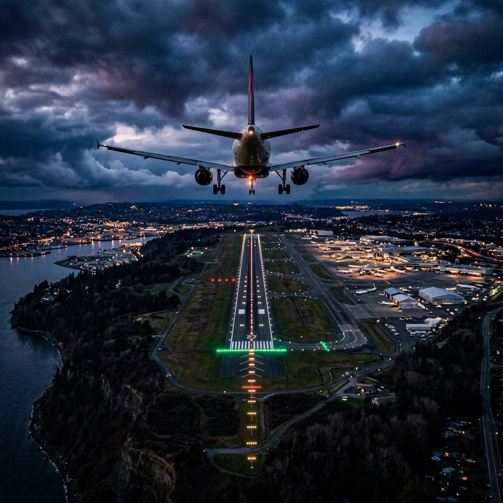 An airplane prepares to land on an illuminated runway at dusk, flying through turbulent clouds.