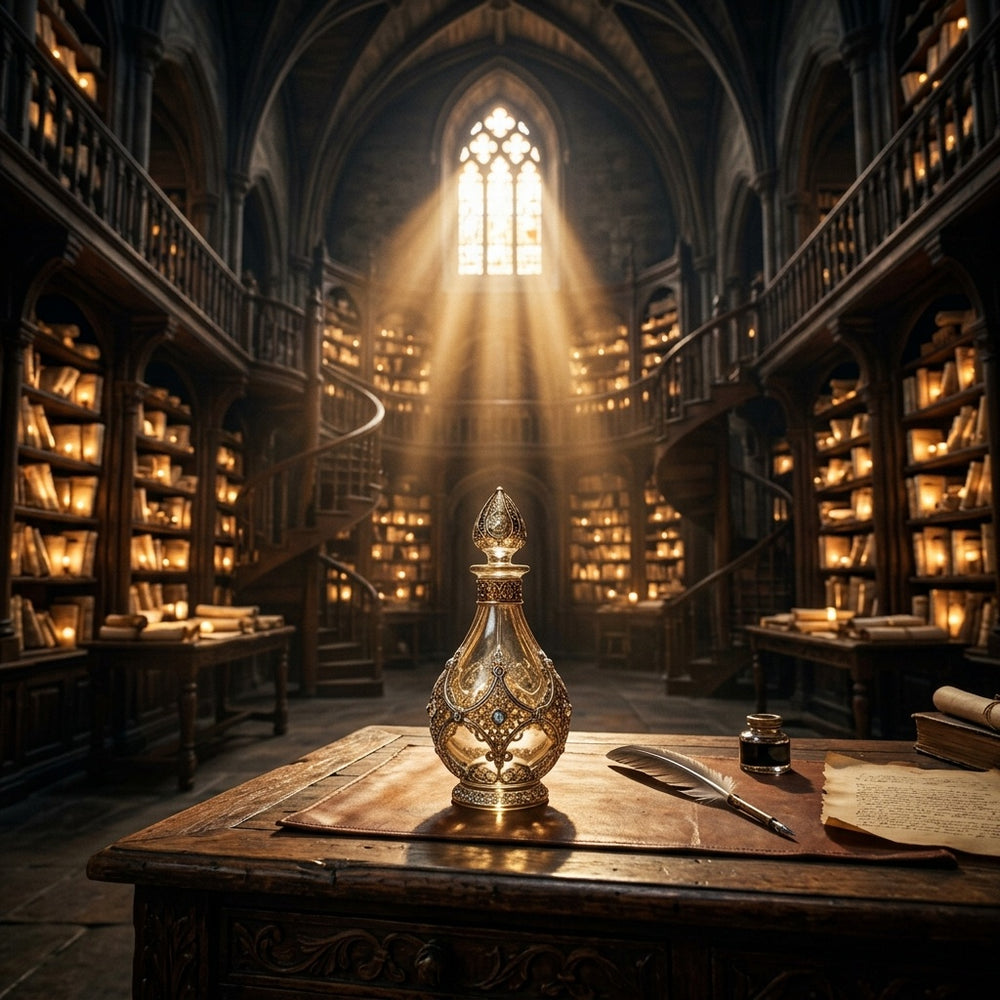 A divine library of scrolls with a tear bottle on a desk, symbolizing God's preservation of prayers.