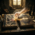A divine hand erases a name from a golden book and writes it into a dark, tattered ledger.