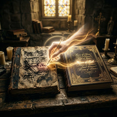 A divine hand erases a name from a golden book and writes it into a dark, tattered ledger.