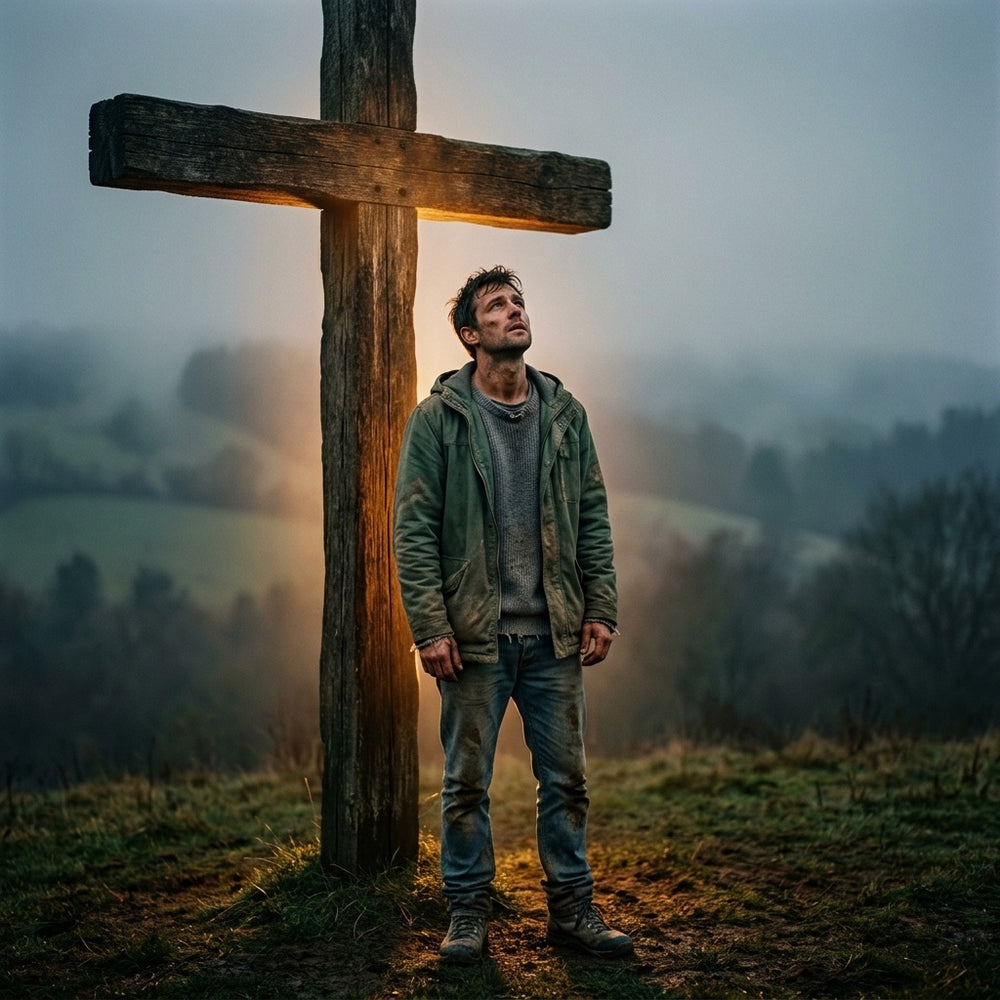 A person stands in the warm light of a wooden cross, returning home.