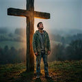 A person stands in the warm light of a wooden cross, returning home.