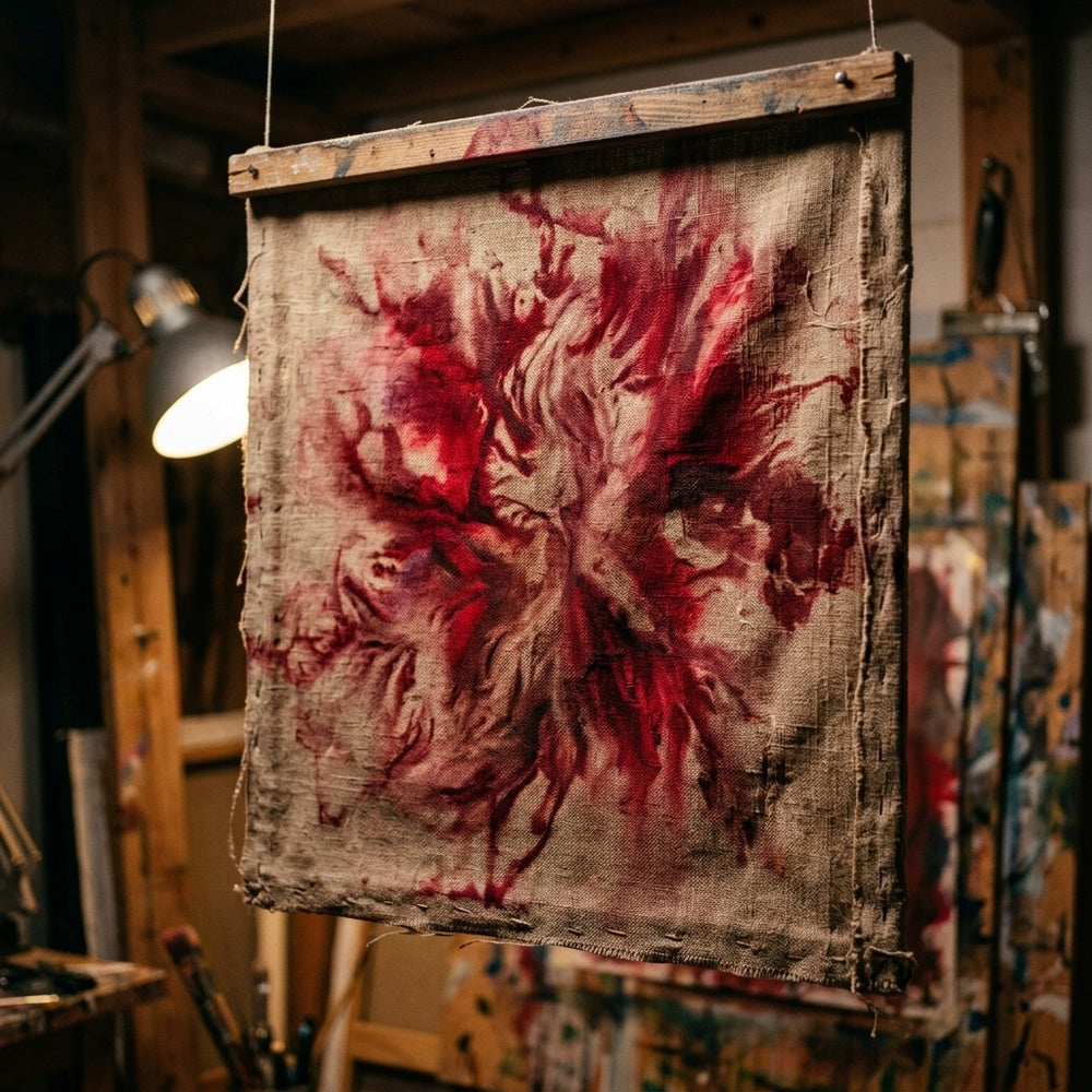 The back of a canvas showing crimson paint that has bled through, forming a beautiful, healed pattern.