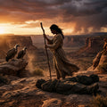 A woman stands guard on a rock under a harsh sun, protecting two bodies from circling birds.