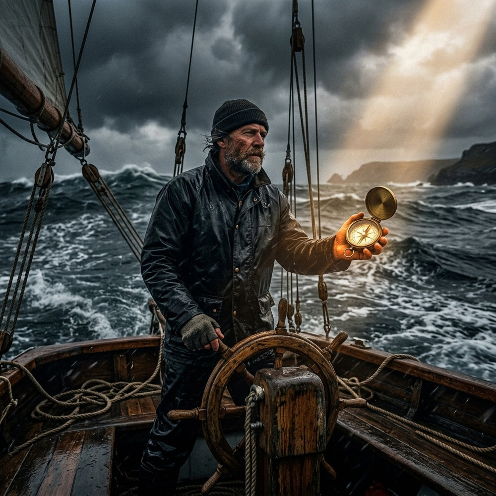 A person on a sailboat in a storm, holding a glowing compass lit by a beam of divine light.