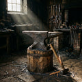 A dramatically lit blacksmith's anvil stands strong, with a broken hammer lying on the floor beside it.