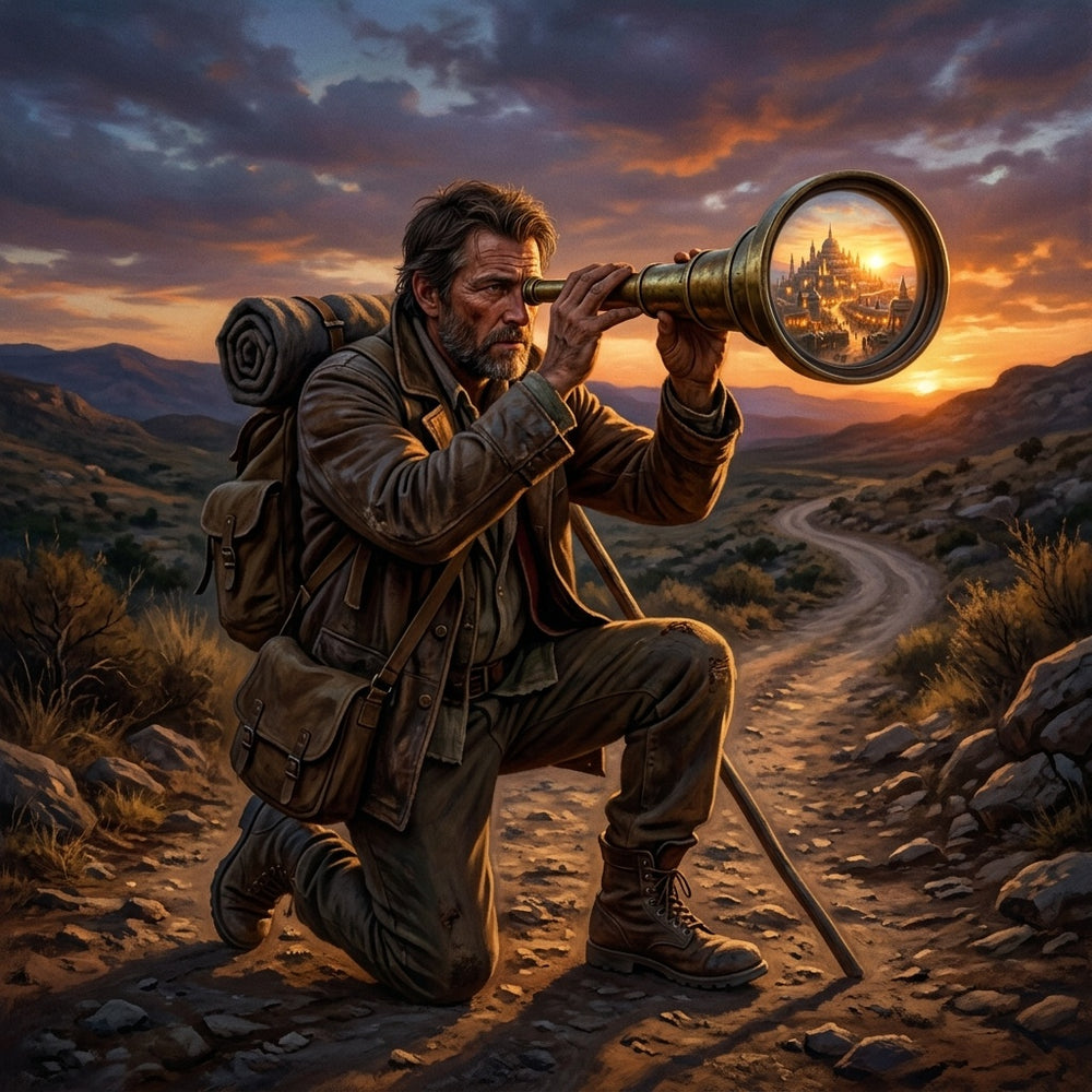 A traveler on a dusty road looks through a telescope, seeing a vision of a shining city.