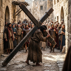Jesus viewed from behind, carrying a heavy cross through a dusty street as soldiers lead him away.