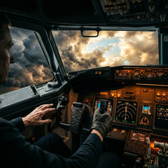 A pilot's hands releasing the controls of an airplane to another pair of hands amidst a storm.