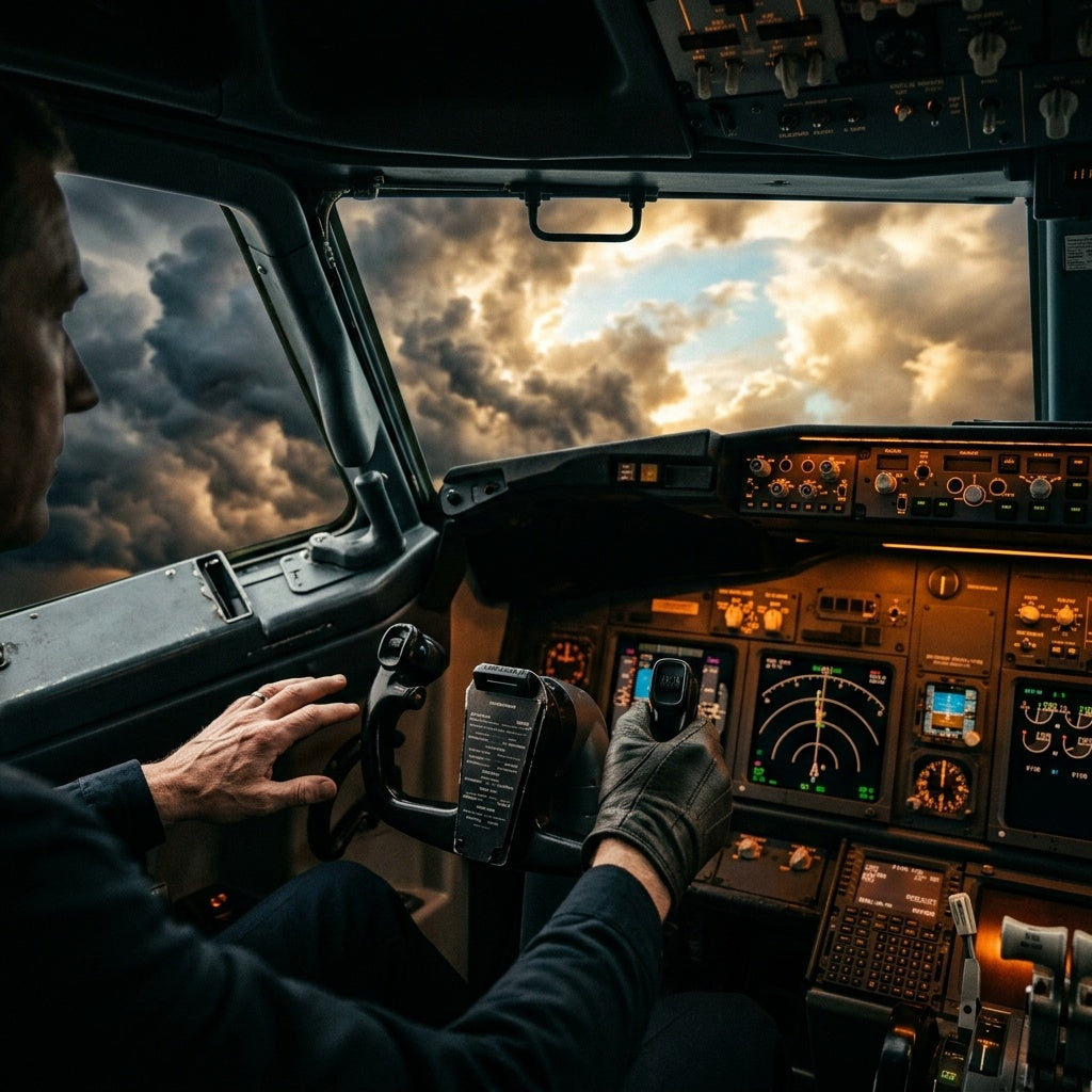 A pilot's hands releasing the controls of an airplane to another pair of hands amidst a storm.