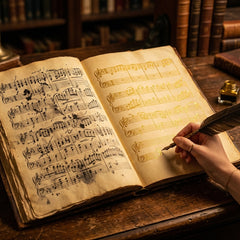 A side-by-side musical score showing messy, chaotic notes transformed into perfect, golden notes.