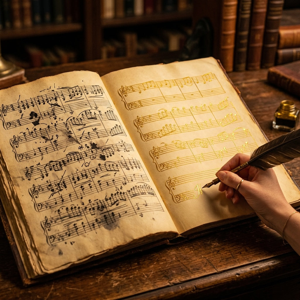 A side-by-side musical score showing messy, chaotic notes transformed into perfect, golden notes.
