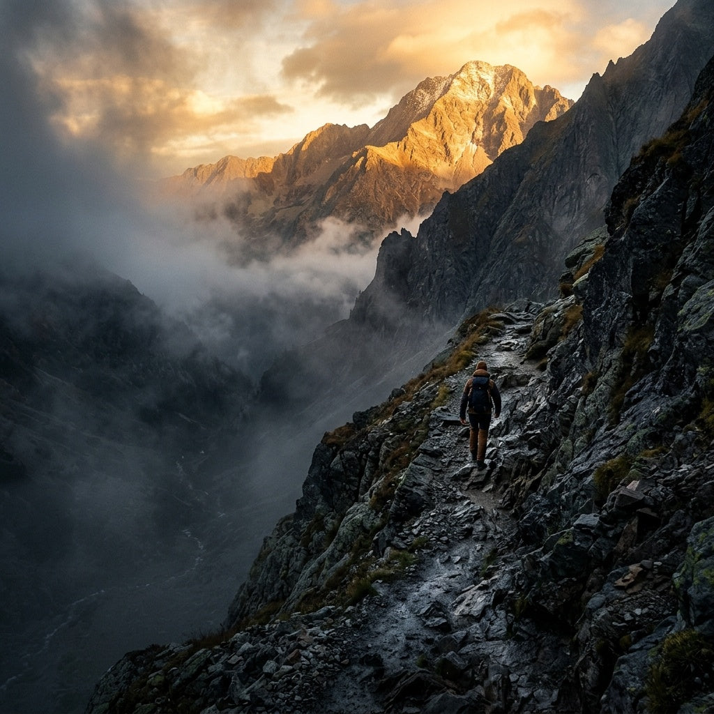A person climbing a mountain, moving from a dark, foggy valley toward a sunlit peak.