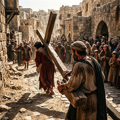 A man helps Jesus carry the cross on a dusty road, illustrating the concept of a shared burden.