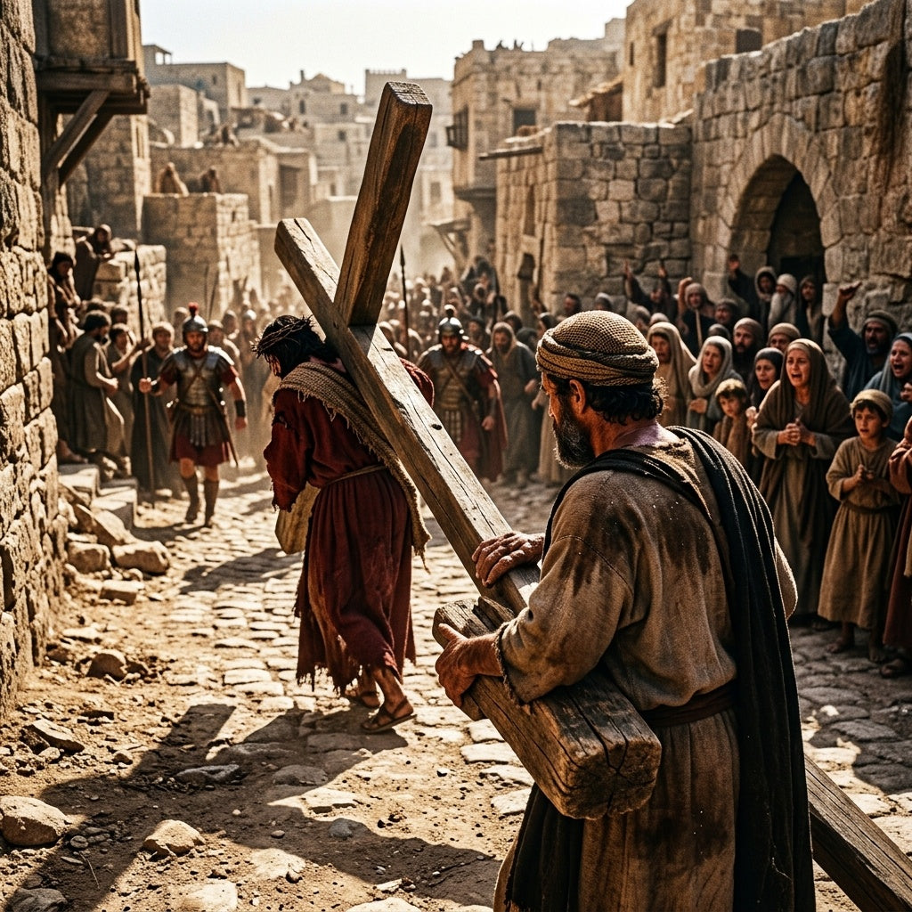 A man helps Jesus carry the cross on a dusty road, illustrating the concept of a shared burden.