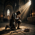 A knight kneels on a stone floor, bowing his head as he lays his sword and crown down in a beam of light.