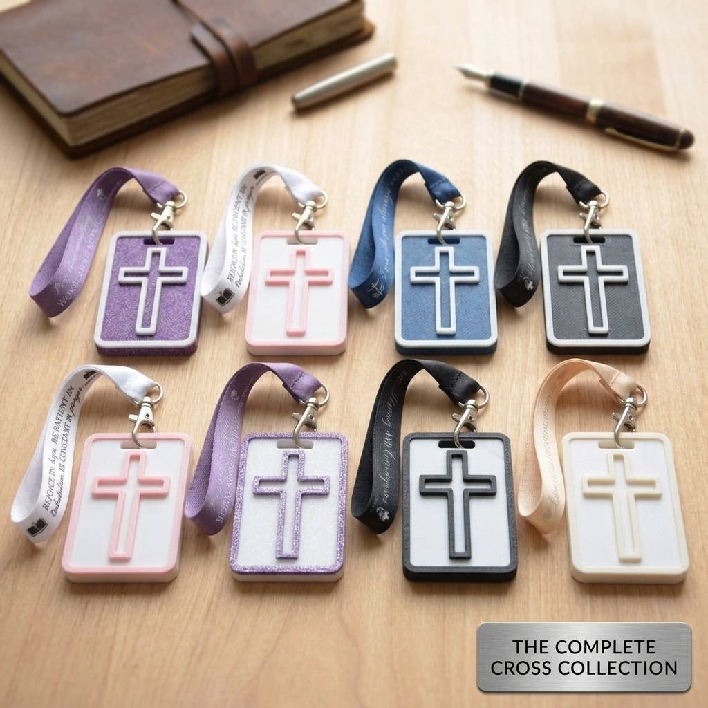 A collection of 3D-printed Eben Tags in various colors including Metallic Purple and Carbon Blue, featuring raised cross textures and fabric loops with scripture verses, designed as NFC-enabled touchpoints for daily devotions. 