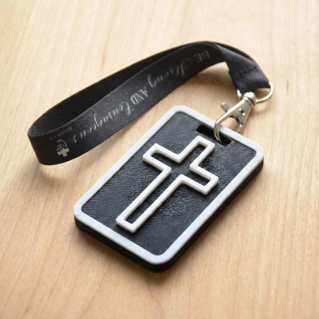 A 3D-printed Eben Tag in Black featuring a raised cross design. This NFC-enabled spiritual touchpoint includes a white border and is attached to a fabric lanyard printed with scripture, designed to trigger the Daily Eb devotional.