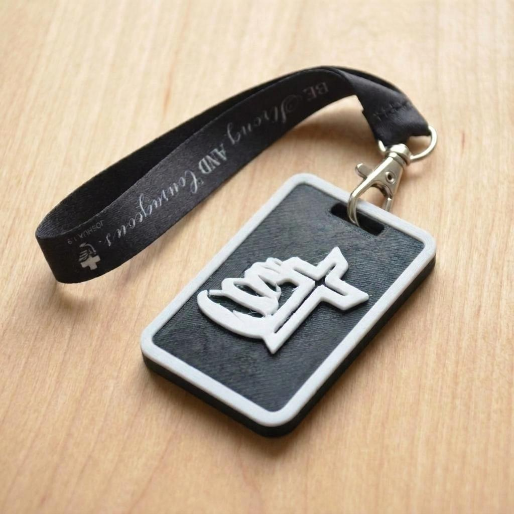 A 3D-printed Eben Tag in Black featuring a raised Galed stacked stone design. This NFC-enabled touchpoint is designed to trigger the Daily Eb devotional.