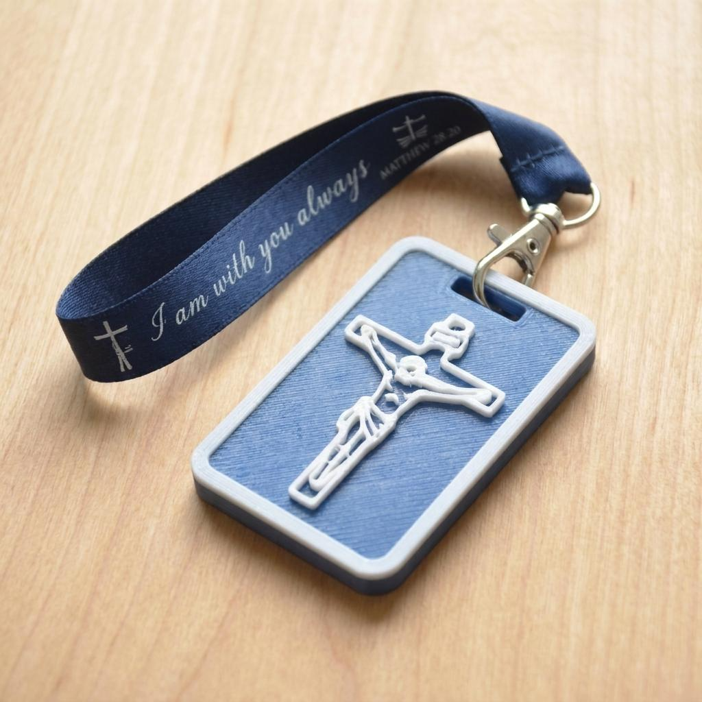 A 3D-printed Eben Tag in Carbon Blue featuring a raised crucifix design. This NFC-enabled spiritual touchpoint includes a white border and is attached to a fabric lanyard printed with scripture, designed to trigger the Daily Eb devotional.