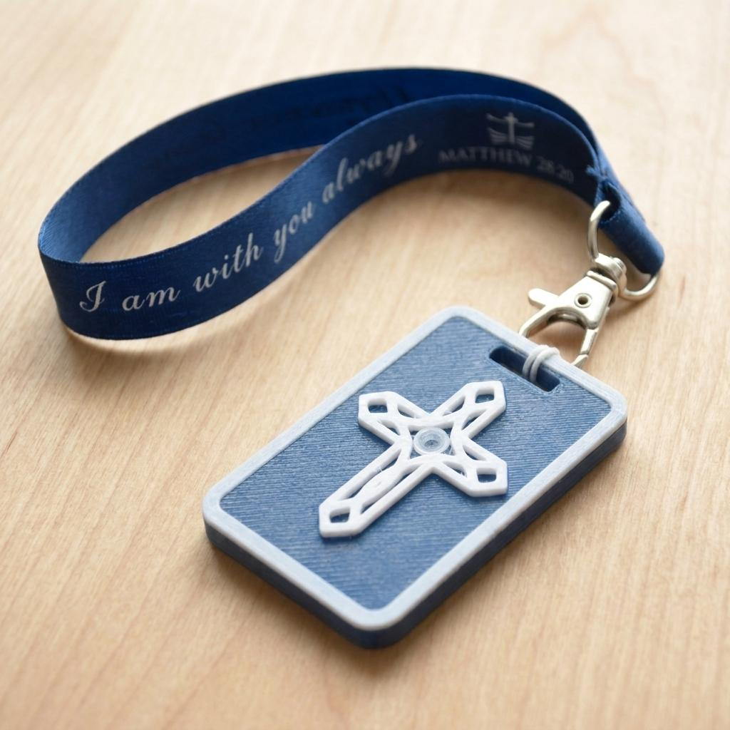 A 3D-printed Eben Tag in Carbon Blue featuring a raised ornate cross design. This NFC-enabled spiritual touchpoint includes a white border and is attached to a fabric lanyard printed with scripture, designed to trigger the Daily Eb devotional.