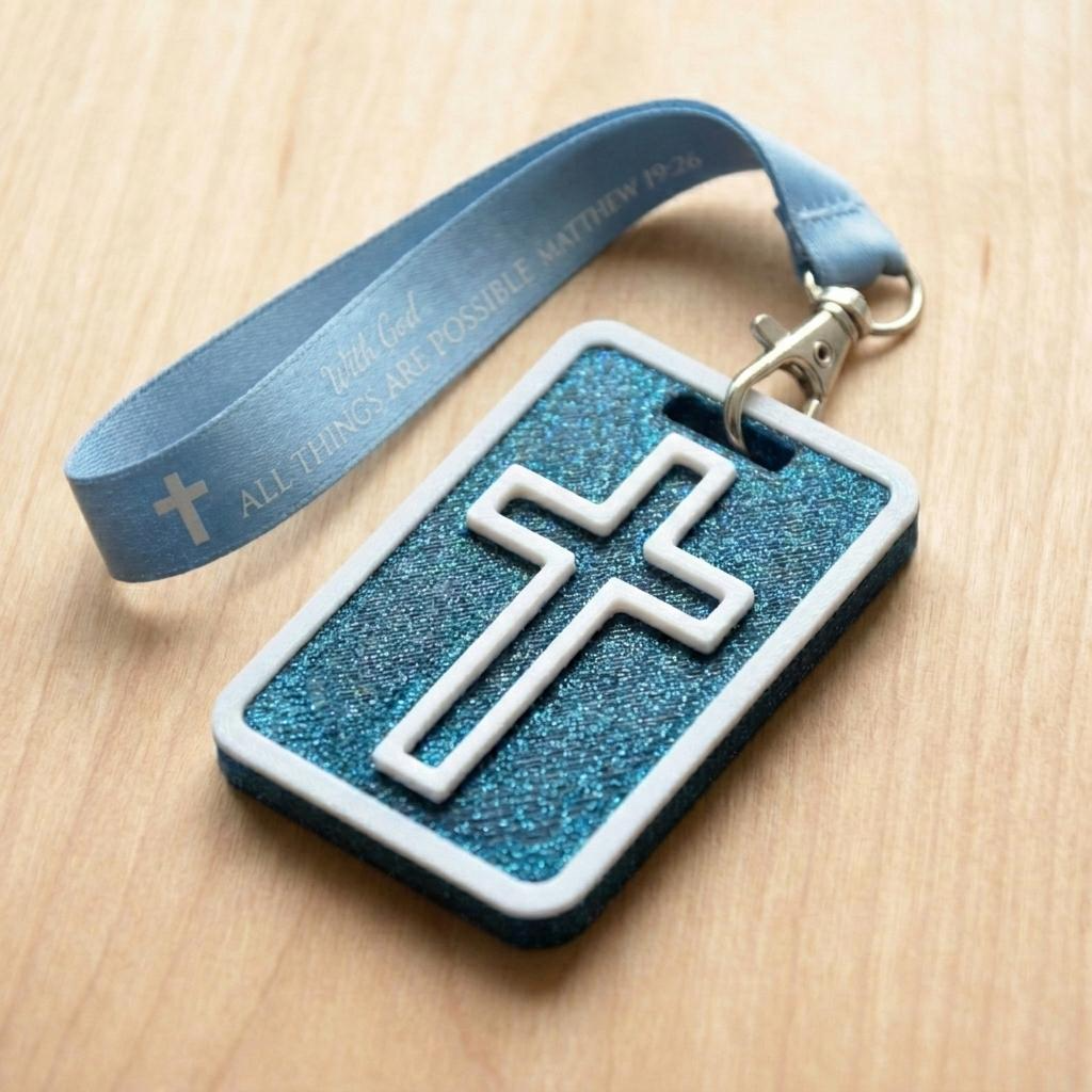 A 3D-printed Eben Tag in Metallic Blue featuring a raised cross design. This NFC-enabled spiritual touchpoint includes a white border and is attached to a fabric lanyard printed with scripture, designed to trigger the Daily Eb devotional.