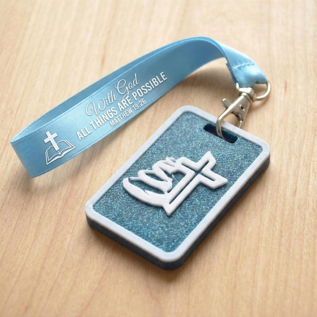 A 3D-printed Eben Tag in Metallic Blue featuring a raised Galed stacked stone design. This NFC-enabled touchpoint is designed to trigger the Daily Eb devotional.