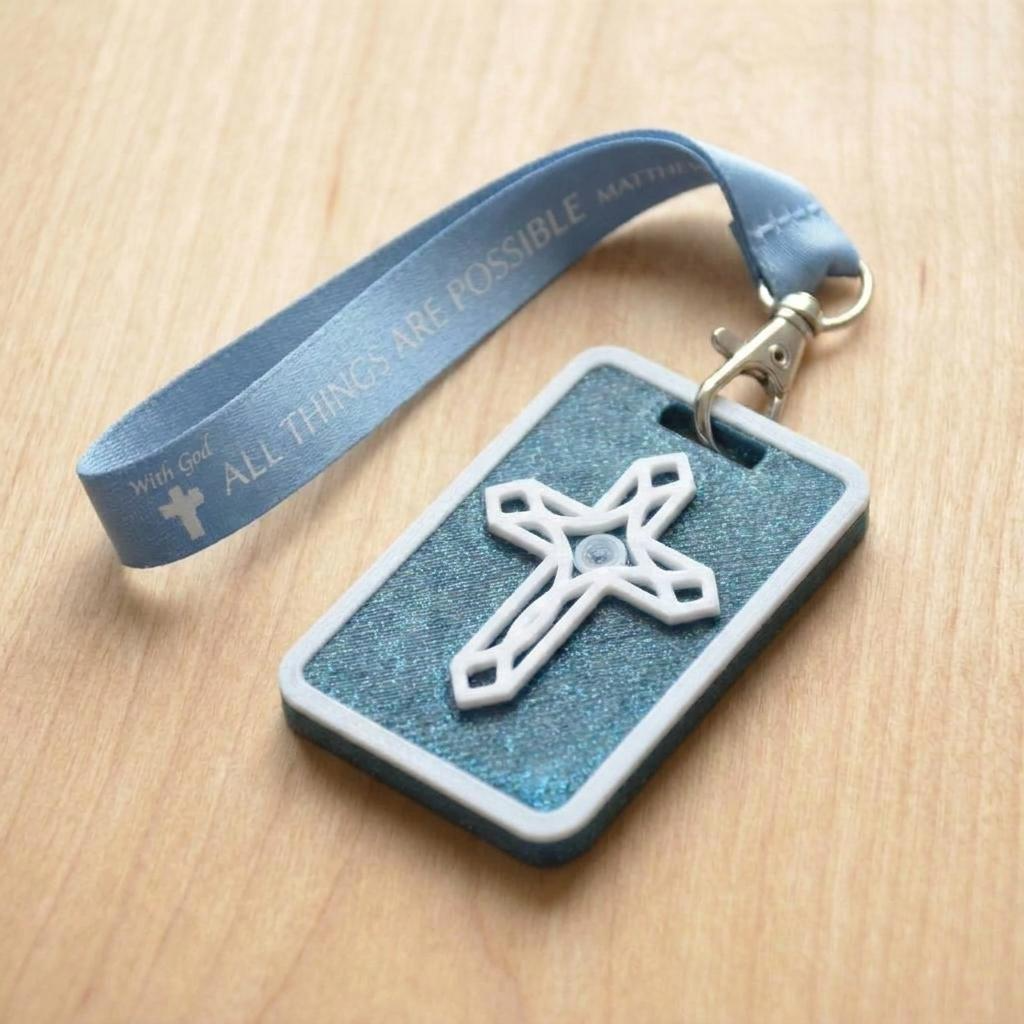 A 3D-printed Eben Tag in Metallic Blue featuring a raised ornate cross design. This NFC-enabled spiritual touchpoint includes a white border and is attached to a fabric lanyard printed with scripture, designed to trigger the Daily Eb devotional.