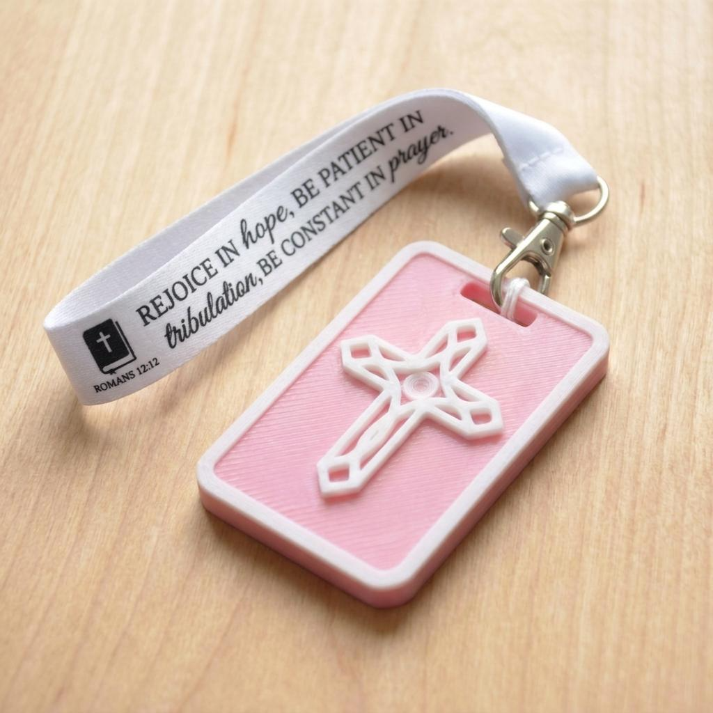 A 3D-printed Eben Tag in Pink featuring a raised ornate cross design. This NFC-enabled spiritual touchpoint includes a white border and is attached to a fabric lanyard printed with scripture, designed to trigger the Daily Eb devotional.