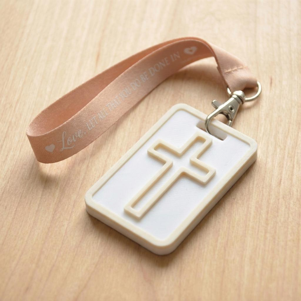 A 3D-printed Eben Tag in White and Beige featuring a raised cross design. This NFC-enabled spiritual touchpoint includes a beige border and is attached to a fabric lanyard printed with scripture, designed to trigger the Daily Eb devotional.