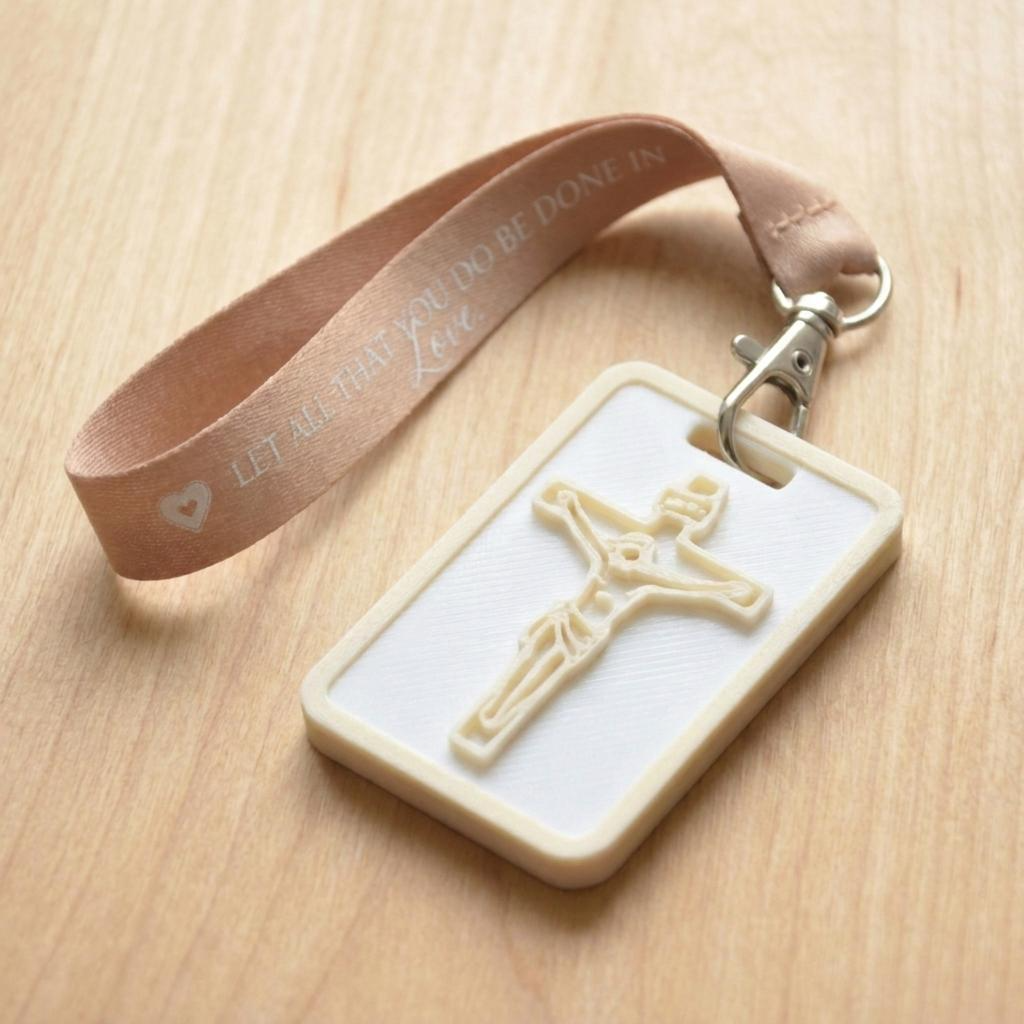 A 3D-printed Eben Tag in White and Beige featuring a raised crucifix design. This NFC-enabled spiritual touchpoint includes a beige border and is attached to a fabric lanyard printed with scripture, designed to trigger the Daily Eb devotional.