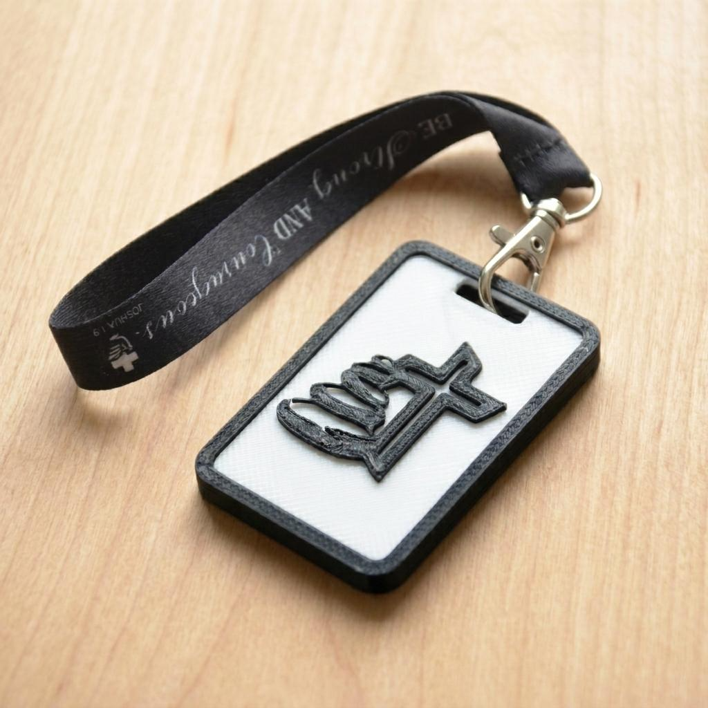 A 3D-printed Eben Tag in White and Black featuring a raised Galed stacked stone design. This NFC-enabled touchpoint is designed to trigger the Daily Eb devotional.