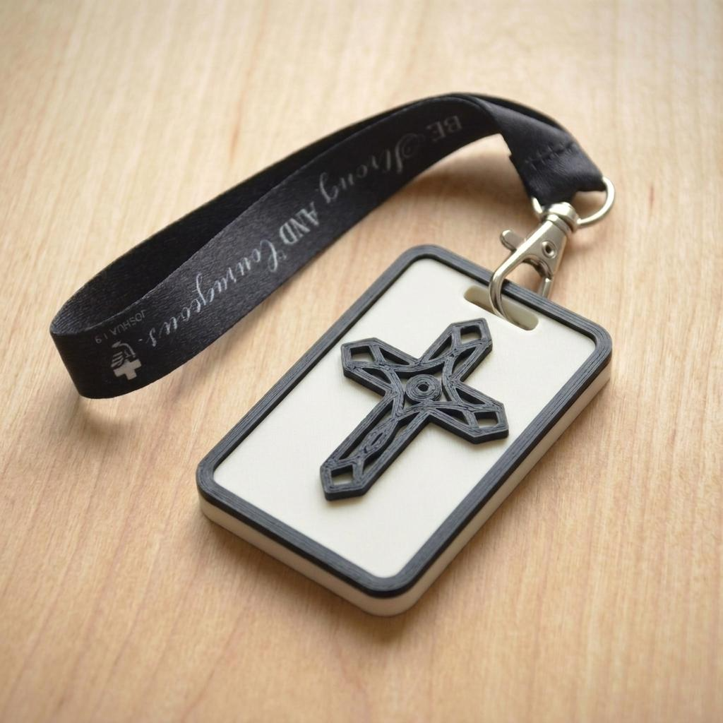 A 3D-printed Eben Tag in White and Black featuring a raised ornate cross design. This NFC-enabled spiritual touchpoint includes a black border and is attached to a fabric lanyard printed with scripture, designed to trigger the Daily Eb devotional.