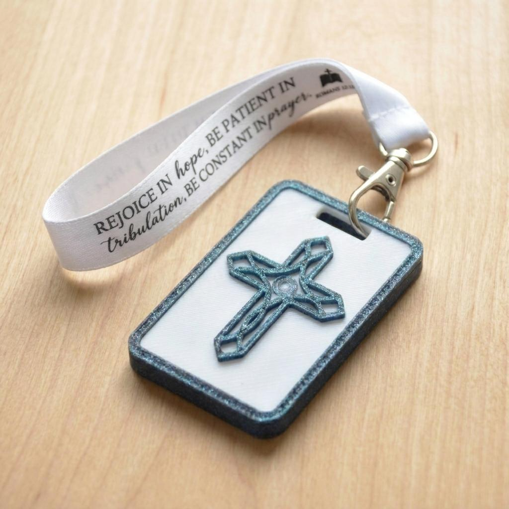 A 3D-printed Eben Tag in White and Blue featuring a raised ornate cross design. This NFC-enabled spiritual touchpoint includes a metallic blue border and is attached to a fabric lanyard printed with scripture, designed to trigger the Daily Eb devotional.