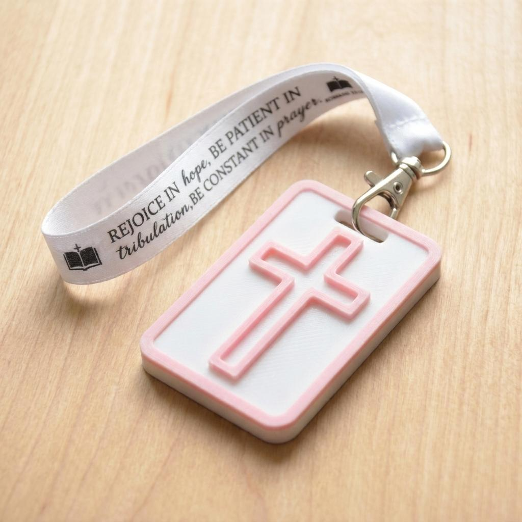 A 3D-printed Eben Tag in White and Pink featuring a raised cross design. This NFC-enabled spiritual touchpoint includes a pink border and is attached to a fabric lanyard printed with scripture, designed to trigger the Daily Eb devotional.