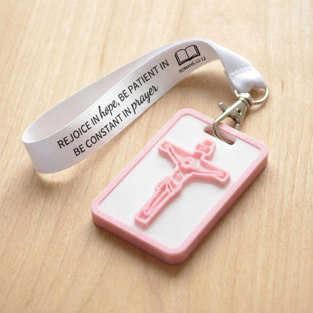 A 3D-printed Eben Tag in White and Pink featuring a raised crucifix design. This NFC-enabled spiritual touchpoint includes a pink border and is attached to a fabric lanyard printed with scripture, designed to trigger the Daily Eb devotional.