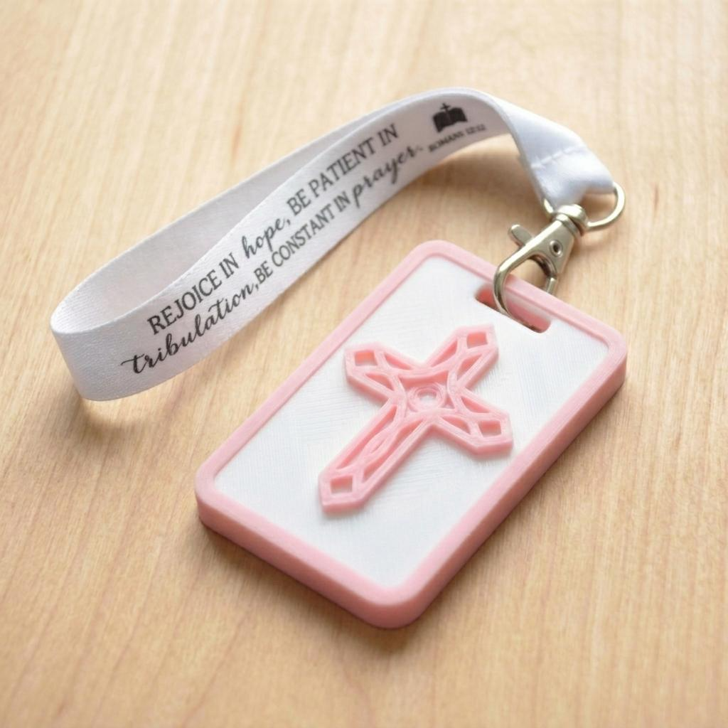 A 3D-printed Eben Tag in White and Pink featuring a raised ornate cross design. This NFC-enabled spiritual touchpoint includes a pink border and is attached to a fabric lanyard printed with scripture, designed to trigger the Daily Eb devotional.